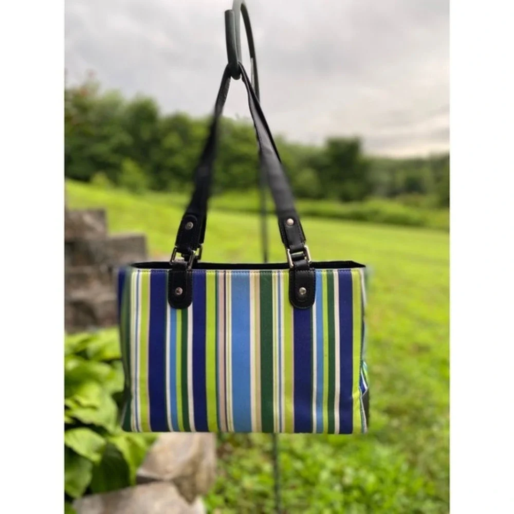 Kate Spade‎ Look Alike Bag! Striped Blue Green Tote Shoulder Purse Large Zip Top